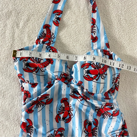 Sourpuss Blue White Striped Red Lobster Print One Piece Swimsuit Bathing Suit S - Picture 10 of 16